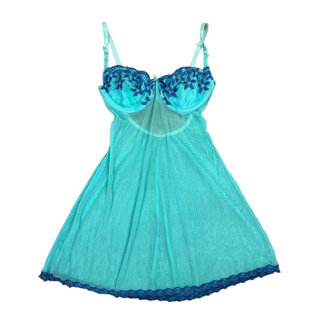 Vtg 90s Victoria’s Secret Babydoll Slip Mesh Turquoise Blue Embroidered 34B